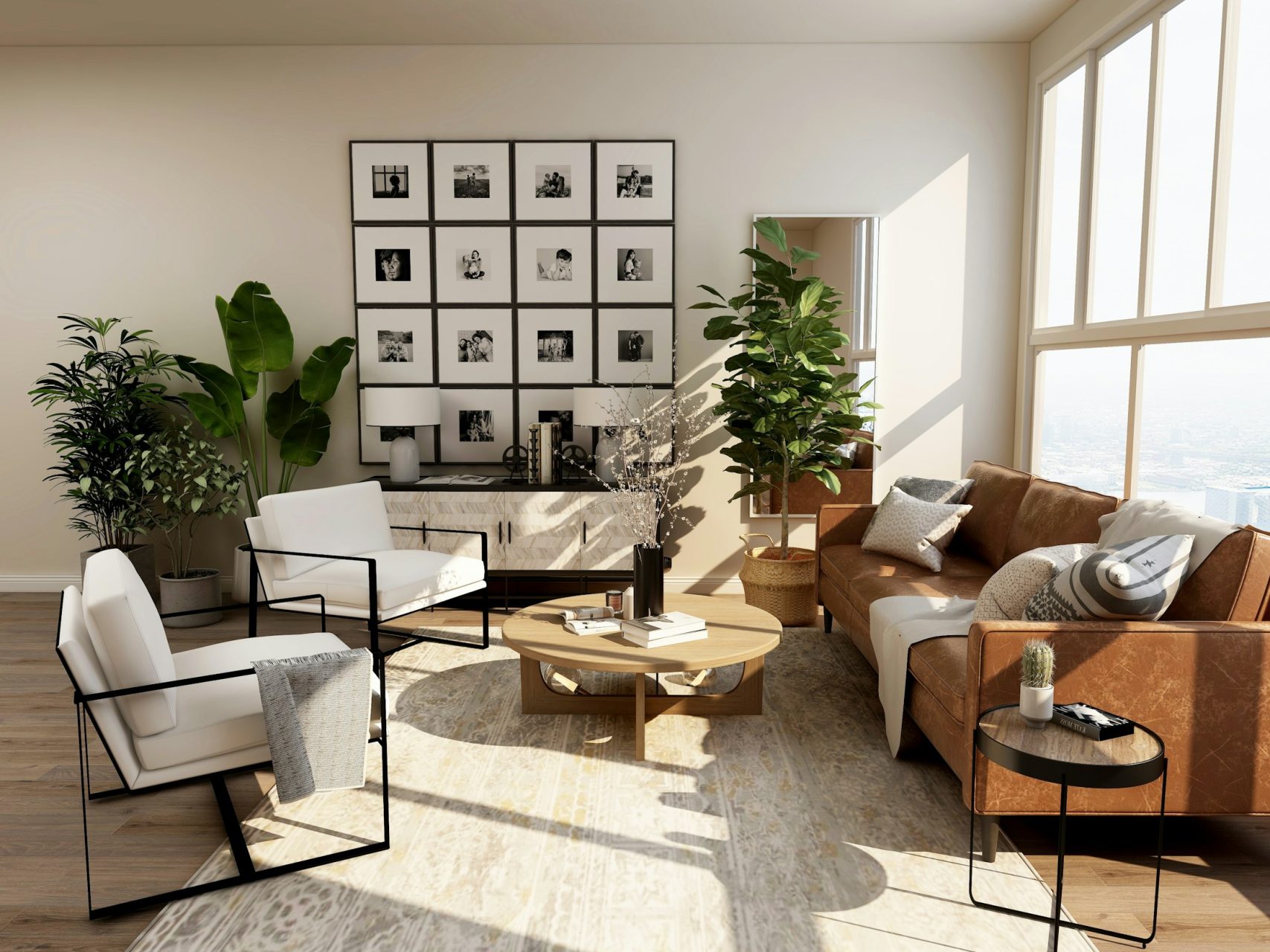 Illustrative residential living room with sculptural seating